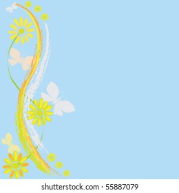 Blue background with abstract chamomile and butterfly