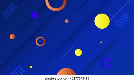 Diseño abstracto de fondo azul con círculos de gradiente naranja y amarillo, patrón de puntos, rayas de línea, efecto de capa de sombra 3d
