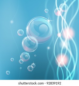 Blue background with abstract shapes and lights and bubbles