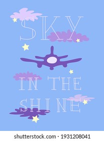 Blue background with airplane and lettering Sky in the shine with purple clouds and yellow stars. A screenshot of a video game. Vector illustration.