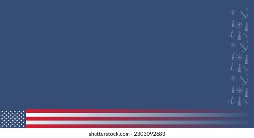 Blue background with anchor icon ornament, turret, ship's rudder and american flag to commemorate National Maritime day