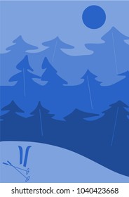 Blue background for any lettering. Winter forest, moon and skiing.