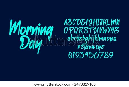 Blue background and aqua font alphabet and numbers. Handwritten style. 