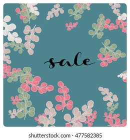 blue background with autumn leaves done with the help of Illustrator brush  in pastel colors and the inscription sale