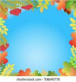 Blue background with autumn leaves.Frame of autumn leaves All elements are hidden under the mask.Vector illustration