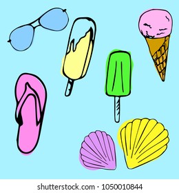 Blue background, beach set. Ice cream, glasses, seashell. Vector illustration