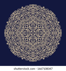 Blue background with beige mandala ornament in the east style. Ideal for printing on fabric or paper for textile, wrapping. Vector illustration.