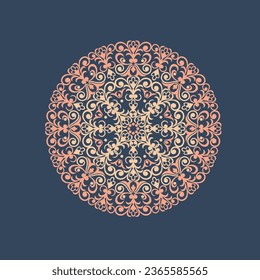 Blauer Hintergrund mit beigem Mandala-Ornament im östlichen Stil. Ideal zum Bedrucken auf Stoff oder Papier für Textilien, Umhüllung. Vektorgrafik.