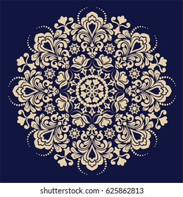 Blue background with beige mandala ornament in the east style. Ideal for printing on fabric or paper.  Vector illustration. 