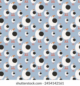 Blue background with big and small seagulls. Rounded shapes. Stylized image. Ornament with black and white birds