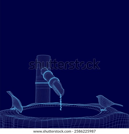 A blue background with a bird bath filled with water. Two birds are sitting in the bird bath, drinking water. The scene is peaceful and serene, with the birds enjoying their time