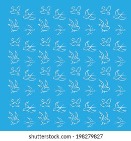 Blue background with birds. Vector pattern with outline birds on blue background.