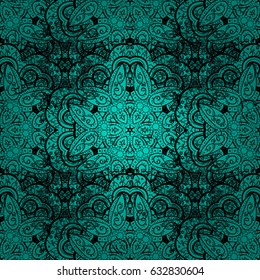 Blue background with black elements. Vector illustration. Vector black pattern. Ornamental black textured curls. Oriental style arabesques.