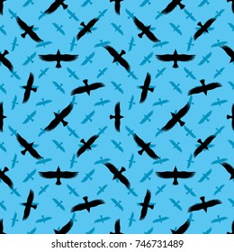 Blue background with black ravens.