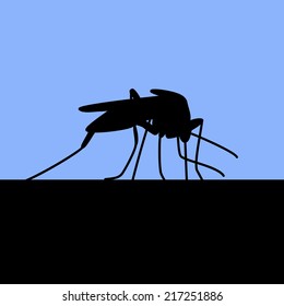 Blue background with black silhouette of biting mosquito