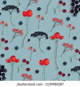 Blue background with blueberry,rowan,flowers and varios berry.Spring mood.