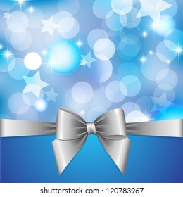 blue background with blurred lights, stars and silver bow