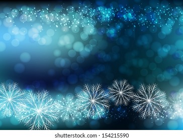 Blue Background With Bokeh And Blur. Christmas snowflakes. Vector EPS 10 illustration.