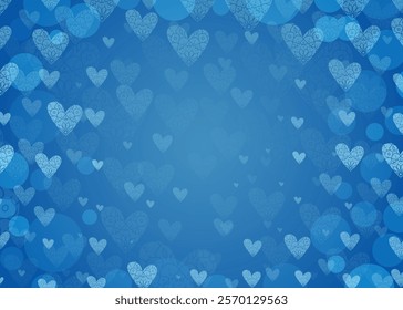 Blue background with bokeh hearts. Valentine day romantic backdrop for postcards, design, banners. Bright blue sky vector illustration with lace decorative hearts.