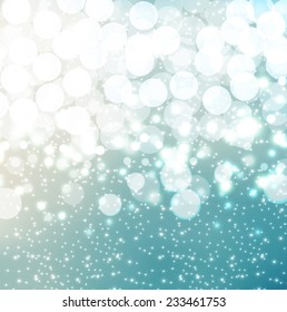 blue background with bokeh lights snowfall. Perfect template for posters, websites, magazines, brochures, catalogs
