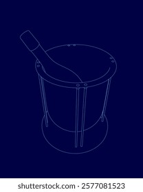 Blue background with a bottle on top of a blue object. The bottle is a wine bottle with a straw sticking out of it