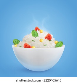 Blue background with bowl of white crumbly rice and chopped vegetables added to it realistic vector illustration