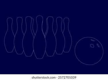 Blue background with a bowling ball and a set of bowling pins. The pins are all lined up in a straight line