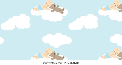 blue background with a boy and a teddy bear