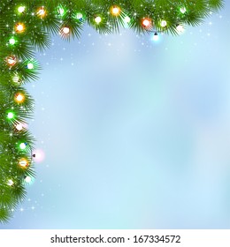Blue background with branches of Christmas tree and multicolored light bulbs, illustration.