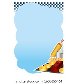 Blue background with bread, cupcakes and rolling pin.