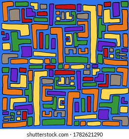 Fondo azul con formas geométricas multicolores brillantes. Impresión elegante de papel pintado, tarjetas, carteles, telas, tarjetas, invitaciones. Gráficos vectoriales.