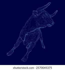 Blue background with a bull in the foreground. The bull is jumping and has horns. The image has a futuristic feel to it