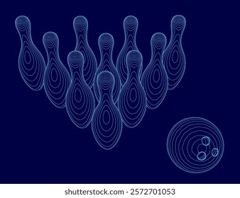 Blue background with a bunch of bowling pins and a bowling ball. The bowling pins are arranged in a row and the bowling ball is in the middle of the row