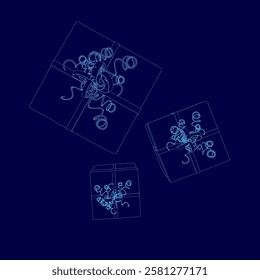 A blue background with a bunch of boxes with a ribbons on them. The boxes are all different sizes and are scattered around the background