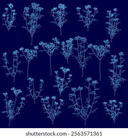 Blue background with a bunch of flowers in various sizes and positions. The flowers are drawn in a stylized way, giving the impression of a garden or a field of wildflowers