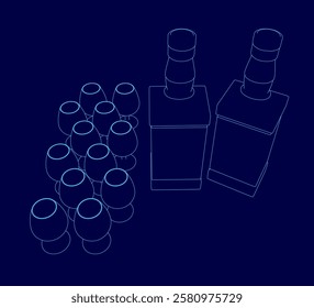 A blue background with a bunch of glasses and a bottle. The glasses are arranged in a row and the bottle is in the middle