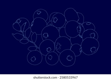 Blue background with a bunch of outline blueberries. The circles are all different sizes and are arranged in a way that makes it look like a bunch of blueberries