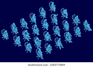 A blue background with a bunch of people sitting in chairs. Isometric view