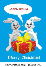 blue background with bunnies and a gift