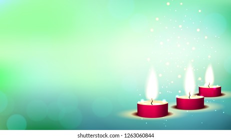 Blue background with a burning candles. Wide screen