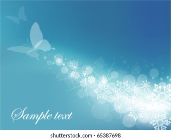 Blue background with butterflies and snowflakes.