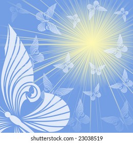 Blue background with butterflies and sun