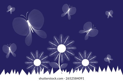 Fundo azul com borboletas e flores brancas.