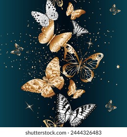 Blue background with butterflies.Seamless vector pattern with golden butterflies on a blue gradient background.