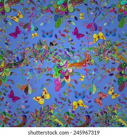 Blue background with butterfly and branch. Vector illustration. 