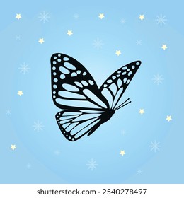 Blue background with butterfly, stars, snowflakes. Winter and festive spirit of Christmas for elegant decorations, wrapping paper, digital wallpapers.