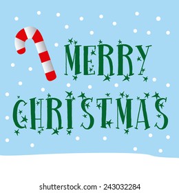 a blue background with a candy, text and snow