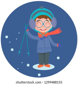 Blue background cartoon character skiing boy vector