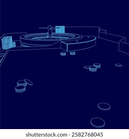 A blue background with a casino scene with a wheel.