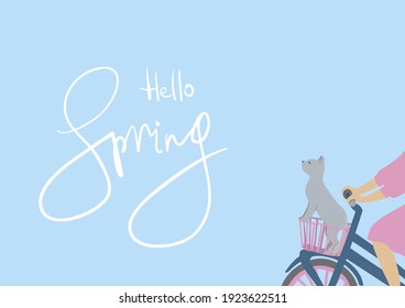 Blue background with a cat in a bicycle basket. Background for postcards, congratulations, announcements, presentations. The text "hello spring" is isolated on a separate layer. Cartoon illustration. 